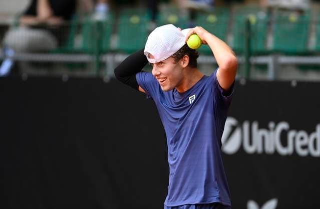 Maxim Mrva of Czech Republic plays against Hugo Dellien of Bolivia (not seen) during their second round match of the UniCredit Czech Open, ATP, Tennis Herren Challenger tour in Prostejov, Czech Republic, June 4, 2025. (CTKxPhoto LudekxPerina) CTKPhotoP2025060404157  CTKPhotoP2025060404157