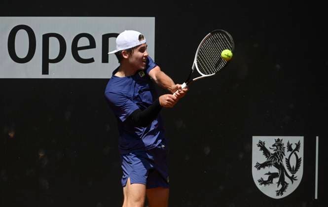 Maxim Mrva of Czech Republic plays against Hugo Dellien of Bolivia (not seen) during their second round match of the UniCredit Czech Open, ATP, Tennis Herren Challenger tour in Prostejov, Czech Republic, June 4, 2025. (CTKxPhoto LudekxPerina) CTKPhotoP2025060404178  CTKPhotoP2025060404178