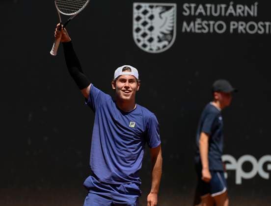 Maxim Mrva of Czech Republic plays against Hugo Dellien of Bolivia (not seen) during their second round match of the UniCredit Czech Open, ATP, Tennis Herren Challenger tour in Prostejov, Czech Republic, June 4, 2025. (CTKxPhoto LudekxPerina) CTKPhotoP2025060404214  CTKPhotoP2025060404214