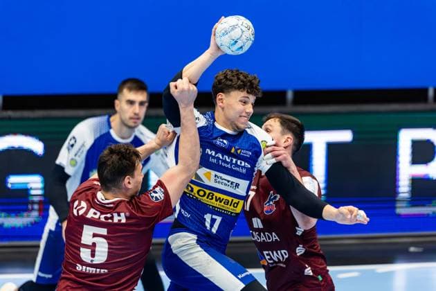 04 06 2025, GER, Handball, Men, Season 24 25, 1 Daikin Handball Bundesliga, 33 Matchday, ThSV Eisenach 1 VfL Potsdam Josip Simic 1 VfL Potsdam Jannek Klein 1 VfL Potsdam Marko Grgic ThSV Eisenach,17 99817 Eisenach Werner Assmann Halle Am Sportp Thueringen Germany