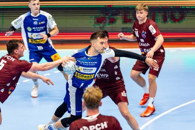 04 06 2025, GER, Handball, Men, Season 24 25, 1 Daikin Handball Bundesliga, 33 Matchday, ThSV Eisenach 1 VfL Potsdam Josip Simic 1 VfL Potsdam Filip Vistorop ThSV Eisenach,4 99817 Eisenach Werner Assmann Halle Am Sportp Thueringen Germany