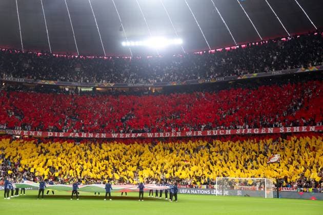 UEFA Nations League Halbfinale - 24 25 - Deutschland - Portugal am 04.06.2025 in der Allianz Arena in München Fans der deutschen Nationalmannschaft mit einer Choreografie zu Spielbeginn. *** UEFA Nations League semi-final 24 25 Germany Portugal on 04 06 2025 at the Allianz Arena in Munich Fans of the German national team with a choreography at the start of the match MH