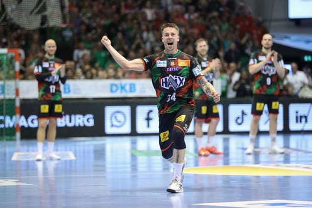 04 06 2025, xtgx, Handball, Daikin HBL, SC Magdeburg SG Flensburg Handewitt v l Michael Damgaard Magdeburg, 34 Jubel, Torjubel, jubelt ueber das Tor, celebrate the goal, celebration Magdeburg