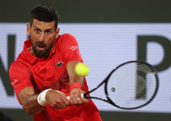 Serb Novak Djokovic plays against German Alexander Zverev during their quarterfinal match of the French Tennis Open in Roland Garros in Paris, France, on Wednesday, June 4, 2025. Djokovic won 4Ð6, 6-3, 6-2, 6-4.  PAR20250604201 MAYAxVIDON-WHITE