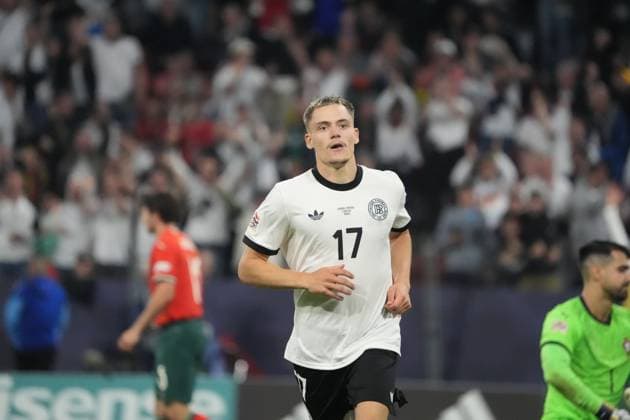 celebrate the goal, goal celebration for 1 0 Florian Wirtz Germany Germany, 17 Munich 04 06 2025 Germany vs Portugal, Nations League Finals, Semifinal, M1, Allianz Arena, Munich Football Arena