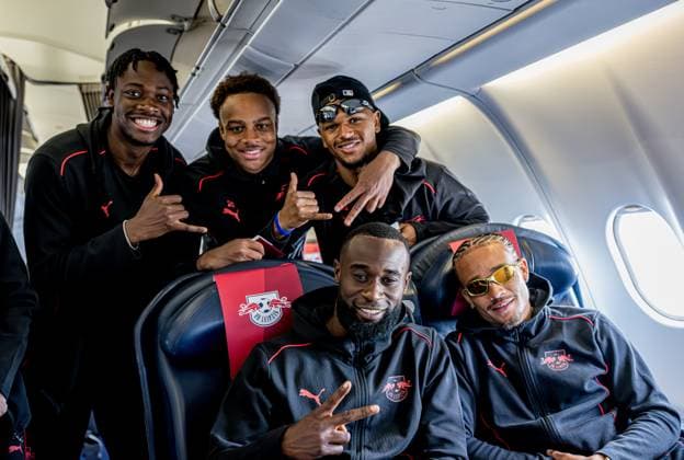 Leipzigs El Chadaille Bitshiabu, Assan Ouedraogo, Lois Openda, Lutsharel Geertruida and Xavi Simons Departure RB Leipzig on May 23, 2025 to the training camp in Sao Paolo, Brazil Halle Leipzig Airport, Leipzig Training Camp RB Leipzig Departure
