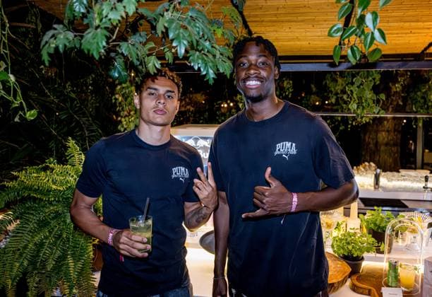 Leipzigs Antonio Nusa and El Chadaille Bitshiabu RB Leipzig at the Red Bull Brasil RB Leipzig Welcome Dinner on May 24, 2025 at the training camp in Sao Paulo, Brazil Sao Paulo Brazil Training Camp RB Leipzig Welcome Dinner