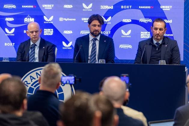 Rangers Chief Executive Officer Patrick Stewart talks with the media alongside Head Coach Russell Martin and Sporting Director Kevin Thelwell. Russell Martin unveiled as the new Head Coach of Rangers Football Club, Ibrox, Scotland, UK - 05 Jun 2025  Copyright: xO Rourke RangersxFC Shutterstockx 15343523u