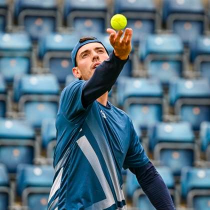 Sport Bilder des Tages 5th June 2025; Edgbaston Priory Club, Birmingham, England: Lexus Birmingham Open Tennis, Day 4; Marc-Andre Huesler (SUI) serves in the match against Otto Virtanen (FIN)  ActionPlus12798335 GodfreyxPitt