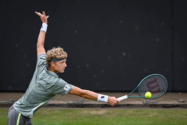 5th June 2025; Edgbaston Priory Club, Birmingham, England: Lexus Birmingham Open Tennis, Day 4; Martin Landaluce (ESP) stretches to reach a backhand in the match against Lloyd Harris (RSA)  ActionPlus12798427 GodfreyxPitt