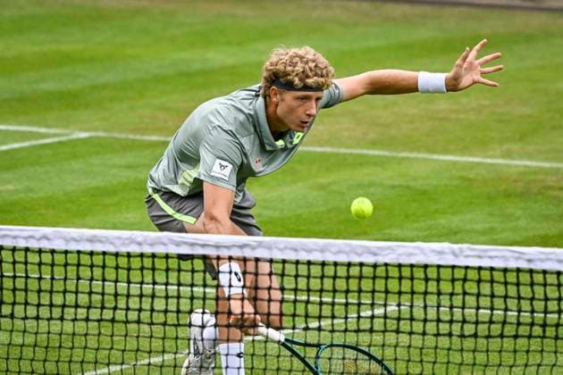 5th June 2025; Edgbaston Priory Club, Birmingham, England: Lexus Birmingham Open Tennis, Day 4; Martin Landaluce (ESP) hits a low volley in the match against Lloyd Harris (RSA)  ActionPlus12798441 GodfreyxPitt