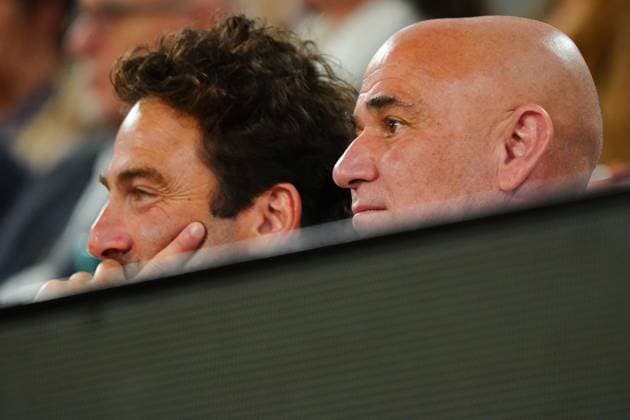Andre Agassi alongside Justin Gimelstrob French Open Tennis, Day Twelve, Tennis, Roland Garros, Paris, France - 05 Jun 2025 EDITORIAL USE ONLY No use with unauthorised audio, video, data, fixture lists, club league logos or live services. Online in-match use limited to 120 images, no video emulation. No use in betting, games or single club league player publications.  Copyright: xJavierxGarcia Shutterstockx 15337995db