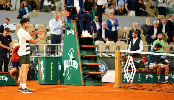 A low key Carlos Alcaraz at the end of the match following the injury to Lorenzo Musetti which forced him to retire French Open Tennis, Day Thirteen, Tennis, Roland Garros, Paris, France - 06 Jun 2025 EDITORIAL USE ONLY No use with unauthorised audio, video, data, fixture lists, club league logos or live services. Online in-match use limited to 120 images, no video emulation. No use in betting, games or single club league player publications. Copyright: xJavierxGarcia Shutterstockx 15338000n