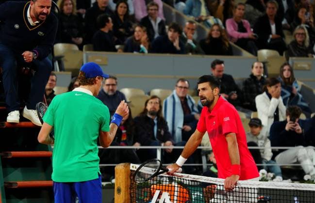 Novak Djokovic disputes a line call with the umpire and Jannik Sinner gets involved in the discussion French Open Tennis, Day Thirteen, Tennis, Roland Garros, Paris, France - 06 Jun 2025 EDITORIAL USE ONLY No use with unauthorised audio, video, data, fixture lists, club league logos or live services. Online in-match use limited to 120 images, no video emulation. No use in betting, games or single club league player publications. Copyright: xJavierxGarcia Shutterstockx 15338000br