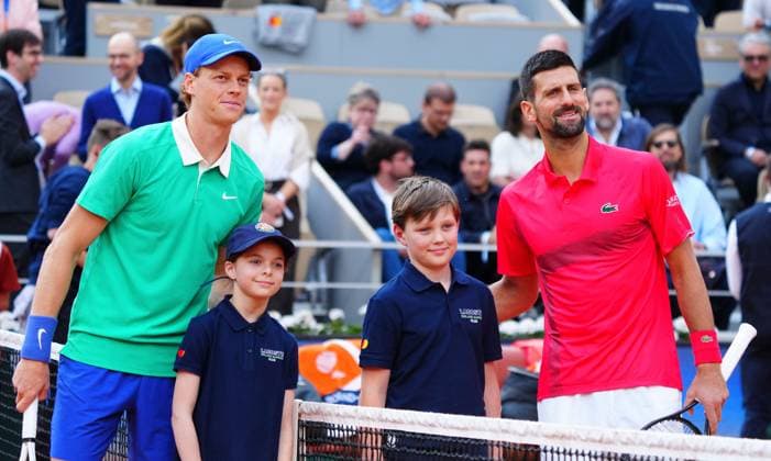 Jannik Sinner and Novak Djokovic pose for a photo before their semi final French Open Tennis, Day Thirteen, Tennis, Roland Garros, Paris, France - 06 Jun 2025 EDITORIAL USE ONLY No use with unauthorised audio, video, data, fixture lists, club league logos or live services. Online in-match use limited to 120 images, no video emulation. No use in betting, games or single club league player publications. Copyright: xJavierxGarcia Shutterstockx 15338000fg