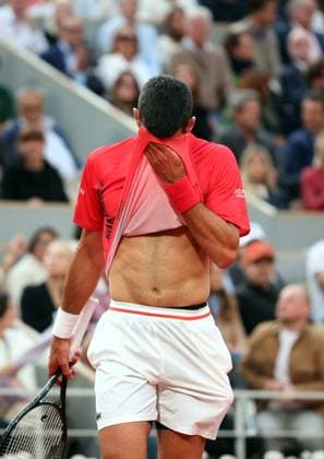 Serb Novak Djokovic plays against top-seeded Jannik Sinner of Italy during their semi-final match at the French Tennis Open in Roland Garros in Paris, France, on Friday, June 6, 2025. Sinner won 6-4, 7-5, 7-6 and advanced to the final.  PAR20250607227 MAYAxVIDON-WHITE