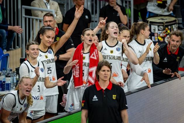 Basketball Heidelberg 06 06 2025 Test match DBB Women Germany GER Turkey TUR Emma Eichmeyer Germany, No 18 Alexandra Wilke Germany, No 03 Clara Bielefeld Germany, No 25 Alina Hartmann Germany, No 16 Jessika Schiffer Germany, No 55 Hilke Feldrappe Germany, No 05 Elea Gaba Germany, No 17 Mailien Rolf Germany, No 23 vlnr