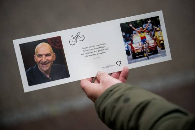 A picture shows a funeral card at the funeral ceremony of former Belgian cyclist Ludo Dierckxsens (60), in Westerlo, on Saturday 07 June 2025. Dierckxsens died during the 1000km charity bike ride of Kom op tegen Kanker on 29 May 2025. He was a professional cyclist between 1992 and 2005 and was best known for winning the 11th stage of the 1999 Tour de France. JASPERxJACOBS  x0821717969stx