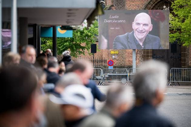 A picture shows people attending the funeral ceremony of former Belgian cyclist Ludo Dierckxsens (60), in Westerlo, on Saturday 07 June 2025. Dierckxsens died during the 1000km charity bike ride of Kom op tegen Kanker on 29 May 2025. He was a professional cyclist between 1992 and 2005 and was best known for winning the 11th stage of the 1999 Tour de France. JASPERxJACOBS  x0821718137stx