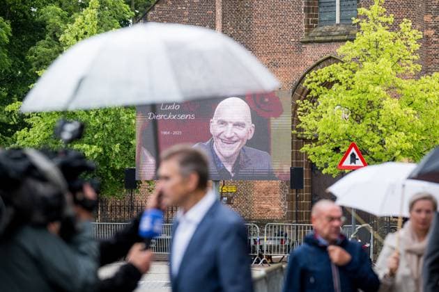 A picture shows people attending the funeral ceremony of former Belgian cyclist Ludo Dierckxsens (60), in Westerlo, on Saturday 07 June 2025. Dierckxsens died during the 1000km charity bike ride of Kom op tegen Kanker on 29 May 2025. He was a professional cyclist between 1992 and 2005 and was best known for winning the 11th stage of the 1999 Tour de France. JASPERxJACOBS  x0821719756stx