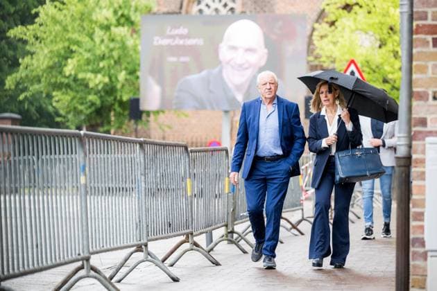Commentator Jose De Cauwer arrives for the funeral ceremony of former Belgian cyclist Ludo Dierckxsens (60), in Westerlo, on Saturday 07 June 2025. Dierckxsens died during the 1000km charity bike ride of Kom op tegen Kanker on 29 May 2025. He was a professional cyclist between 1992 and 2005 and was best known for winning the 11th stage of the 1999 Tour de France. JASPERxJACOBS  x0821720041stx