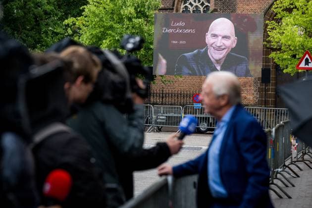 Commentator Jose De Cauwer arrives for the funeral ceremony of former Belgian cyclist Ludo Dierckxsens (60), in Westerlo, on Saturday 07 June 2025. Dierckxsens died during the 1000km charity bike ride of Kom op tegen Kanker on 29 May 2025. He was a professional cyclist between 1992 and 2005 and was best known for winning the 11th stage of the 1999 Tour de France. JASPERxJACOBS  x0821720044stx