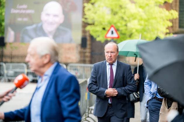Belgian Cycling Federation chairman Tom Van Damme arrives for the funeral ceremony of former Belgian cyclist Ludo Dierckxsens (60), in Westerlo, on Saturday 07 June 2025. Dierckxsens died during the 1000km charity bike ride of Kom op tegen Kanker on 29 May 2025. He was a professional cyclist between 1992 and 2005 and was best known for winning the 11th stage of the 1999 Tour de France. JASPERxJACOBS  x0821720176stx