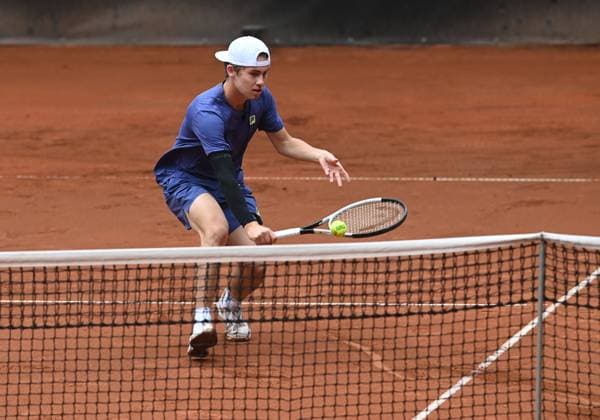 Czech tennis player Maxim Mrva returns a ball to Czech Davis Cup winner Radek Stepanek during their exhibition match at the UniCredit Czech Open, ATP, Tennis Herren Challenger tour in Prostejov, Czech Republic, June 7, 2025. (CTKxPhoto LudekxPerina) CTKPhotoP2025060702189  CTKPhotoP2025060702189