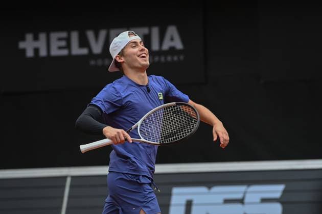 Czech tennis player Maxim Mrva reacts as he plays against Czech Davis Cup winner Radek Stepanek during their exhibition match at the UniCredit Czech Open, ATP, Tennis Herren Challenger tour in Prostejov, Czech Republic, June 7, 2025. (CTKxPhoto LudekxPerina) CTKPhotoP2025060702208  CTKPhotoP2025060702208