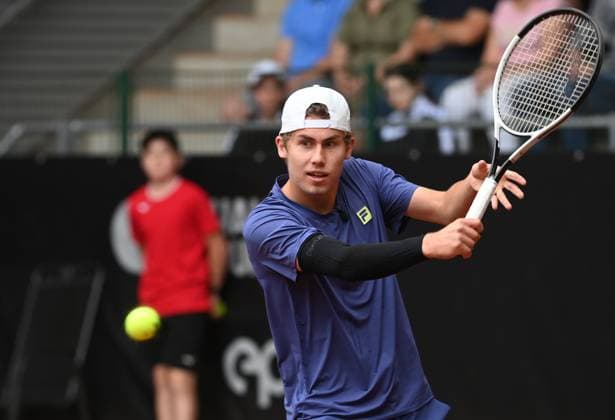 Czech tennis player Maxim Mrva returns a ball to Czech Davis Cup winner Radek Stepanek during their exhibition match at the UniCredit Czech Open, ATP, Tennis Herren Challenger tour in Prostejov, Czech Republic, June 7, 2025. (CTKxPhoto LudekxPerina) CTKPhotoP2025060702231  CTKPhotoP2025060702231