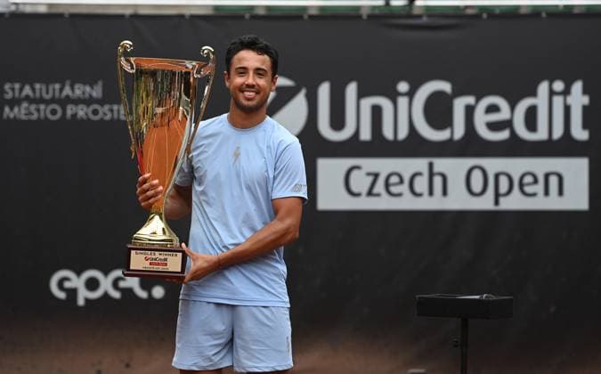 Hugo Dellien of Bolivia, winner of the final match against Tseng Chun-Hsin of Taiwan, holds trophy at the UniCredit Czech Open, ATP, Tennis Herren Challenger tour in Prostejov, Czech Republic, June 7, 2025. (CTKxPhoto LudekxPerina) CTKPhotoP2025060702738  CTKPhotoP2025060702738