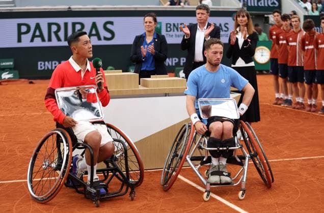 Tokito Oda of Japan and Alfie Hewett of GB during the trophy presentation French Open Tennis, Day Fourteen, Tennis, Roland Garros, Paris, France - 07 Jun 2025 EDITORIAL USE ONLY No use with unauthorised audio, video, data, fixture lists, club league logos or live services. Online in-match use limited to 120 images, no video emulation. No use in betting, games or single club league player publications. Copyright: xEllaxLing Shutterstockx 15346222h