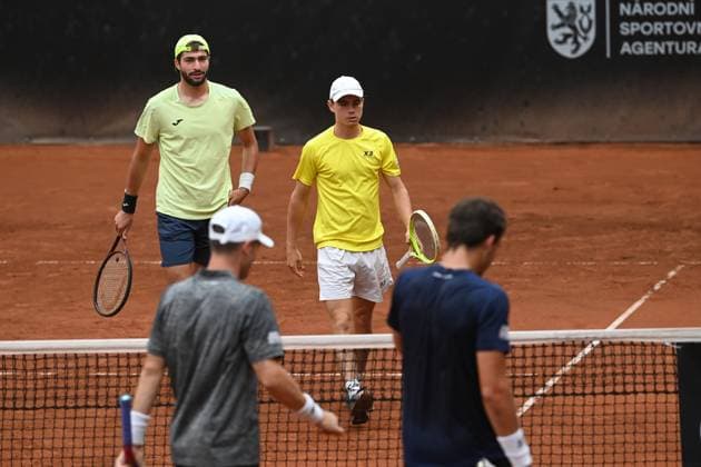 From left facing Lukas Pokorny of Slovakia and Dalibor Svrcina of Czech Republic and back Patrik Rikl and Petr Nouza of Czech Republic during their final double match at the UniCredit Czech Open, ATP, Tennis Herren Challenger tour in Prostejov, Czech Republic, June 7, 2025. (CTKxPhoto LudekxPerina) CTKPhotoP2025060702933  CTKPhotoP2025060702933