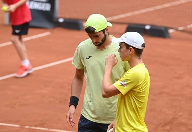 Lukas Pokorny of Slovakia, left, and Dalibor Svrcina of Czech Republic react as they play against Patrik Rikl and Petr Nouza of Czech Republic during their final match at the UniCredit Czech Open, ATP, Tennis Herren Challenger tour in Prostejov, Czech Republic, June 7, 2025. (CTKxPhoto LudekxPerina) CTKPhotoP2025060702970  CTKPhotoP2025060702970