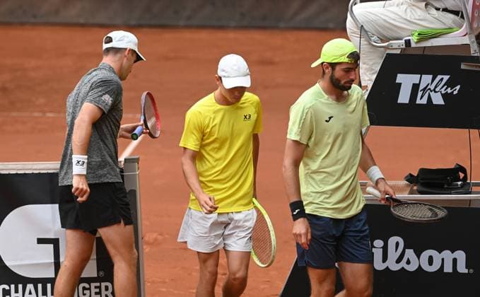From left Patrik Rikl of Czech Republic, Dalibor Svrcina of Czech Republic and Lukas Pokorny of Slovakia during the final double match at the UniCredit Czech Open, ATP, Tennis Herren Challenger tour in Prostejov, Czech Republic, June 7, 2025. (CTKxPhoto LudekxPerina) CTKPhotoP2025060702979  CTKPhotoP2025060702979