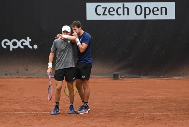 From left Patrik Rikl and Petr Nouza of Czech Republic react as they play against Lukas Pokorny of Slovakia and Dalibor Svrcina of Czech Republic during their final double match at the UniCredit Czech Open, ATP, Tennis Herren Challenger tour in Prostejov, Czech Republic, June 7, 2025. (CTKxPhoto LudekxPerina) CTKPhotoP2025060703010  CTKPhotoP2025060703010