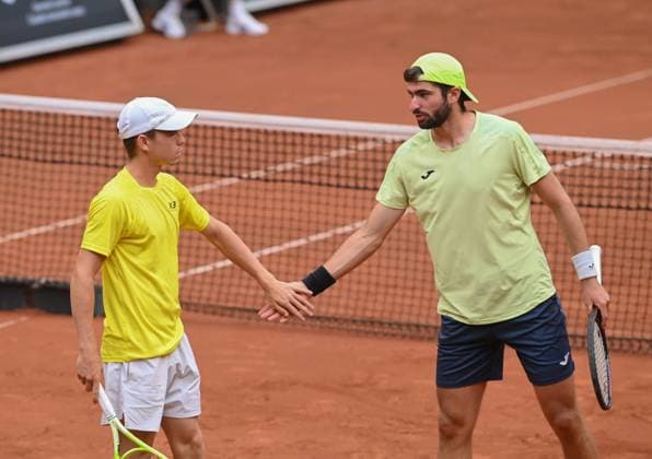 Dalibor Svrcina of Czech Republic, left, and Lukas Pokorny of Slovakia react as they play against Patrik Rikl and Petr Nouza of Czech Republic during their final match at the UniCredit Czech Open, ATP, Tennis Herren Challenger tour in Prostejov, Czech Republic, June 7, 2025. (CTKxPhoto LudekxPerina) CTKPhotoP2025060703023  CTKPhotoP2025060703023