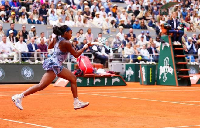 Coco Gauff in action during the final French Open Tennis, Day Fourteen, Tennis, Roland Garros, Paris, France - 07 Jun 2025 EDITORIAL USE ONLY No use with unauthorised audio, video, data, fixture lists, club league logos or live services. Online in-match use limited to 120 images, no video emulation. No use in betting, games or single club league player publications. Copyright: xJavierxGarcia Shutterstockx 15346223u