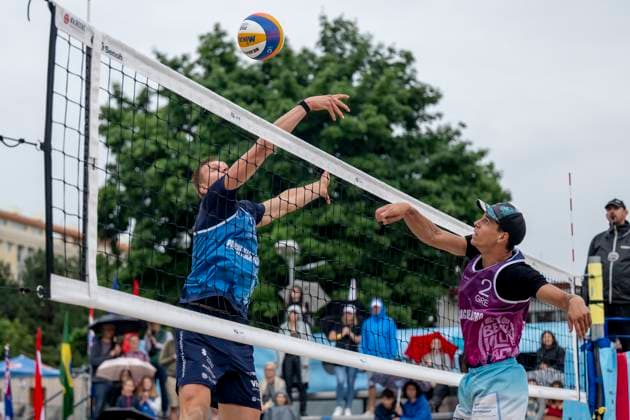 From left Tomas Semerad of Czech Republic and Dimitrios Chatzinikolau of Greece in action during the round of 16 men match Stavros Ntallas and Dimitrios Chatzinikolau of Greece vs Tomas Semerad and Adam Miroslav Stocek of Czech Republic at the Pro Tour Futures Beach volleyball, Beachvolleyball tournament in Prague, Czech Republic, June 7, 2025. (CTKxPhoto OndrejxDeml) CTKPhotoP2025060703799  CTKPhotoP2025060703799