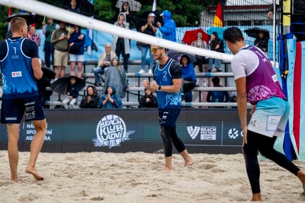 From left Tomas Semerad and Adam Miroslav Stocek of Czech Republic in action against Stavros Ntallas and Dimitrios Chatzinikolau of Greece during their round of 16 men match at the Pro Tour Futures Beach volleyball, Beachvolleyball tournament in Prague, Czech Republic, June 7, 2025. (CTKxPhoto OndrejxDeml) CTKPhotoP2025060703802  CTKPhotoP2025060703802
