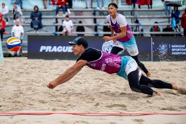 From left Dimitrios Chatzinikolau and Stavros Ntallas of Greece in action against Tomas Semerad and Adam Miroslav Stocek of Czech Republic during their round of 16 men match at the Pro Tour Futures Beach volleyball, Beachvolleyball tournament in Prague, Czech Republic, June 7, 2025. (CTKxPhoto OndrejxDeml) CTKPhotoP2025060703801  CTKPhotoP2025060703801
