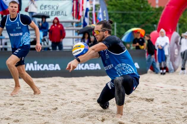 From left Tomas Semerad and Adam Miroslav Stocek of Czech Republic in action against Stavros Ntallas and Dimitrios Chatzinikolau of Greece during their round of 16 men match at the Pro Tour Futures Beach volleyball, Beachvolleyball tournament in Prague, Czech Republic, June 7, 2025. (CTKxPhoto OndrejxDeml) CTKPhotoP2025060703803  CTKPhotoP2025060703803
