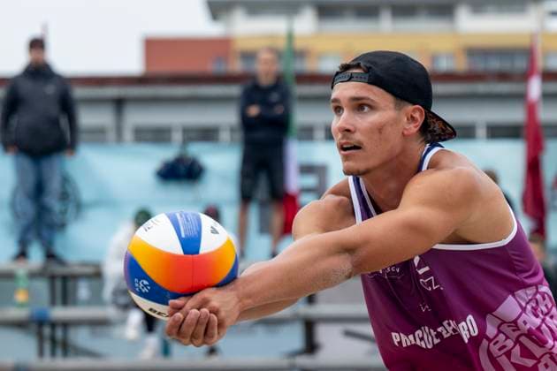Vaclav Kurka of Czech Republic in action during the round of 16 men match Kristoffer Abell and Villads Flugge Napier of Denmark vs Krystof Jan Oliva and Vaclav Kurka of Czech Republic at the Pro Tour Futures Beach volleyball, Beachvolleyball tournament in Prague, Czech Republic, June 7, 2025. (CTKxPhoto OndrejxDeml) CTKPhotoP2025060703852  CTKPhotoP2025060703852