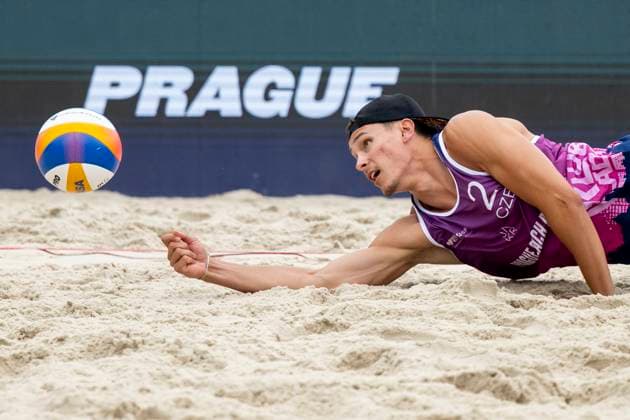 Vaclav Kurka of Czech Republic in action during the round of 16 men match Kristoffer Abell and Villads Flugge Napier of Denmark vs Krystof Jan Oliva and Vaclav Kurka of Czech Republic at the Pro Tour Futures Beach volleyball, Beachvolleyball tournament in Prague, Czech Republic, June 7, 2025. (CTKxPhoto OndrejxDeml) CTKPhotoP2025060703854  CTKPhotoP2025060703854