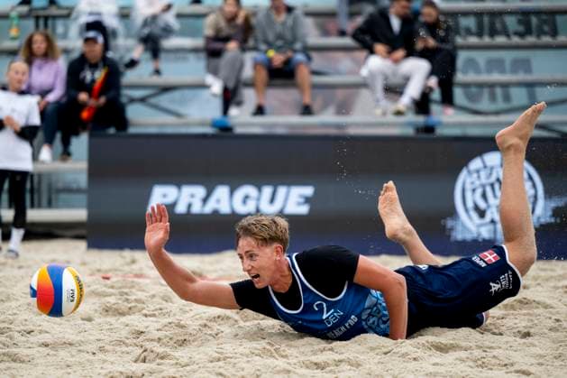 Villads Flugge Napier of Denmark in action during the round of 16 men match Kristoffer Abell and Villads Flugge Napier of Denmark vs Krystof Jan Oliva and Vaclav Kurka of Czech Republic at the Pro Tour Futures Beach volleyball, Beachvolleyball tournament in Prague, Czech Republic, June 7, 2025. (CTKxPhoto OndrejxDeml) CTKPhotoP2025060703856  CTKPhotoP2025060703856