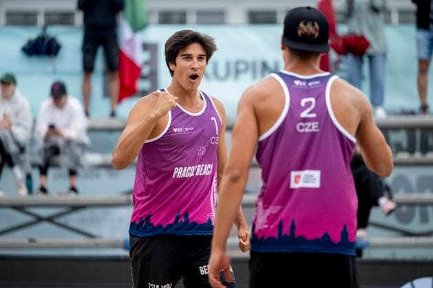 From left Krystof Jan Oliva and Vaclav Kurka of Czech Republic reacts during the round of 16 men match Kristoffer Abell and Villads Flugge Napier of Denmark vs Krystof Jan Oliva and Vaclav Kurka of Czech Republic at the Pro Tour Futures Beach volleyball, Beachvolleyball tournament in Prague, Czech Republic, June 7, 2025. (CTKxPhoto OndrejxDeml) CTKPhotoP2025060703858  CTKPhotoP2025060703858