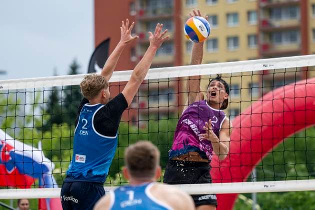From left Villads Flugge Napier of Denmark and Vaclav Kurka of Czech Republic in action during the round of 16 men match Kristoffer Abell and Villads Flugge Napier of Denmark vs Krystof Jan Oliva and Vaclav Kurka of Czech Republic at the Pro Tour Futures Beach volleyball, Beachvolleyball tournament in Prague, Czech Republic, June 7, 2025. (CTKxPhoto OndrejxDeml) CTKPhotoP2025060703863  CTKPhotoP2025060703863