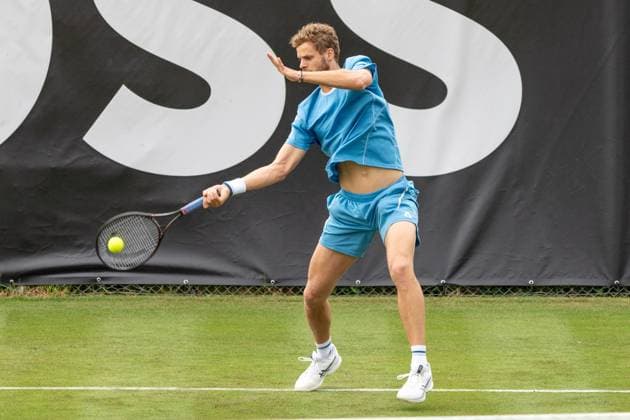 Yannick Hanfmann hits the ball with his forehand, Max Wiskandt vs Yannick Hanfmann, Tennis, ATP Tournament, Boss Open, Court No 1, Qualification, 07 06 2025, Max Wiskandt vs Yannick Hanfmann, Tennis, ATP Tournament, Boss Open, Court No 1, Qualification, 07 06 2025, Stuttgart Copyright: xEibner-Pressefoto EdwardxCheungx EP_ECG