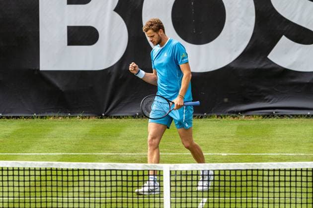 Yannick Hanfmann gives free rein to his emotions after winning the point, Max Wiskandt vs Yannick Hanfmann, Tennis, ATP Tournament, Boss Open, Court No 1, Qualification, 07 06 2025, Max Wiskandt vs Yannick Hanfmann, Tennis, ATP Tournament, Boss Open, Court No 1, Qualification, 07 06 2025, Stuttgart Copyright: xEibner-Pressefoto EdwardxCheungx EP_ECG