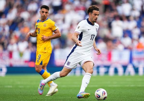 Curtis Jones of England in action Andorra v England, FIFA 2026 World Cup Qualifying, Group K, Football, RCDE Stadium, Barcelona, Spain - 07 Jun 2025 EDITORIAL USE ONLY No use with unauthorised audio, video, data, fixture lists, club league logos or live services. Online in-match use limited to 120 images, no video emulation. No use in betting, games or single club league player publications. Copyright: xBaguxBlanco Shutterstockx 15345797at
